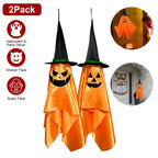 2 Pack Hanging Ghosts with Wizard Hat Snicker Scary Face Halloween Party Hanging Decorations Pumpkin Wizard Hat for Eave Tree Porch