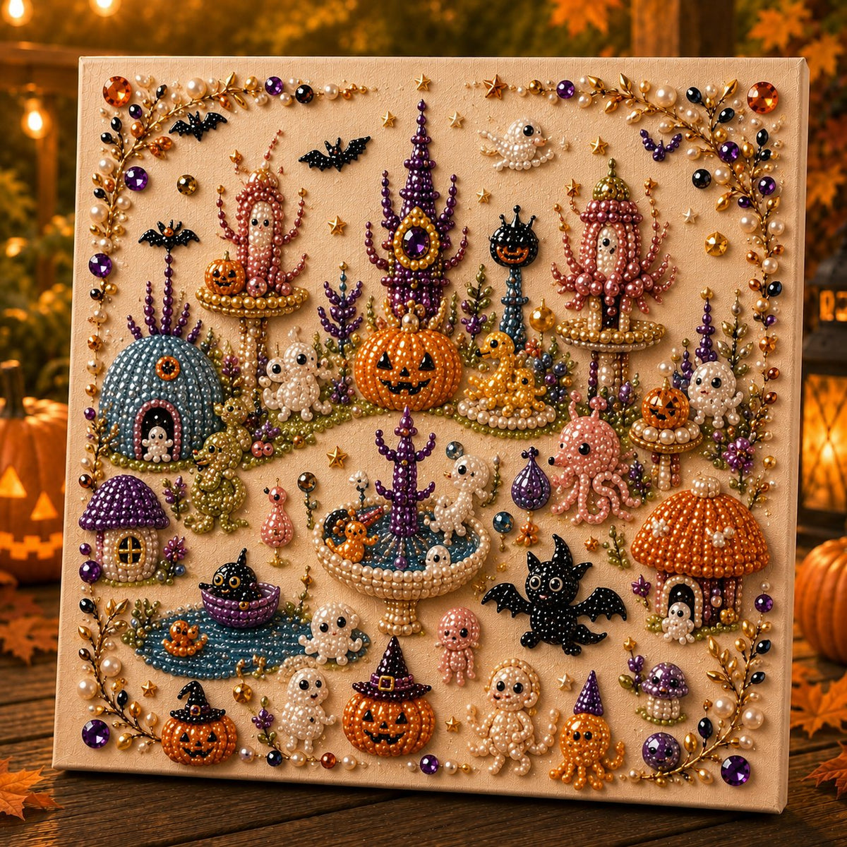 🎃👻 Premium 3D Pearl Halloween Wall Art Kit | Luxury Flocked Canvas with Scratch-Resistant Non-Fading Pearl Beads DIY Spooky Decor – Buy 2 Free Shipping 📦✨