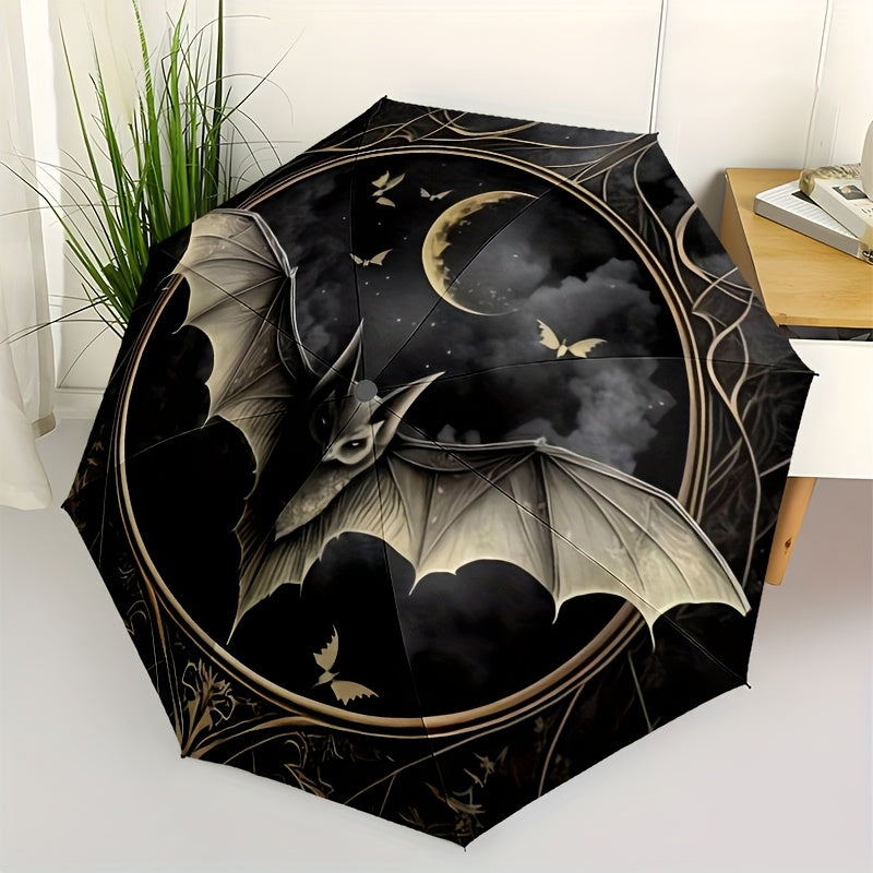 Bat Moon Gothic Umbrella - Automatic Open/Close, Compact Folding design with Bat & Moon Night Sky Art - Lightweight Umbrella for Halloween, Cosplay, T