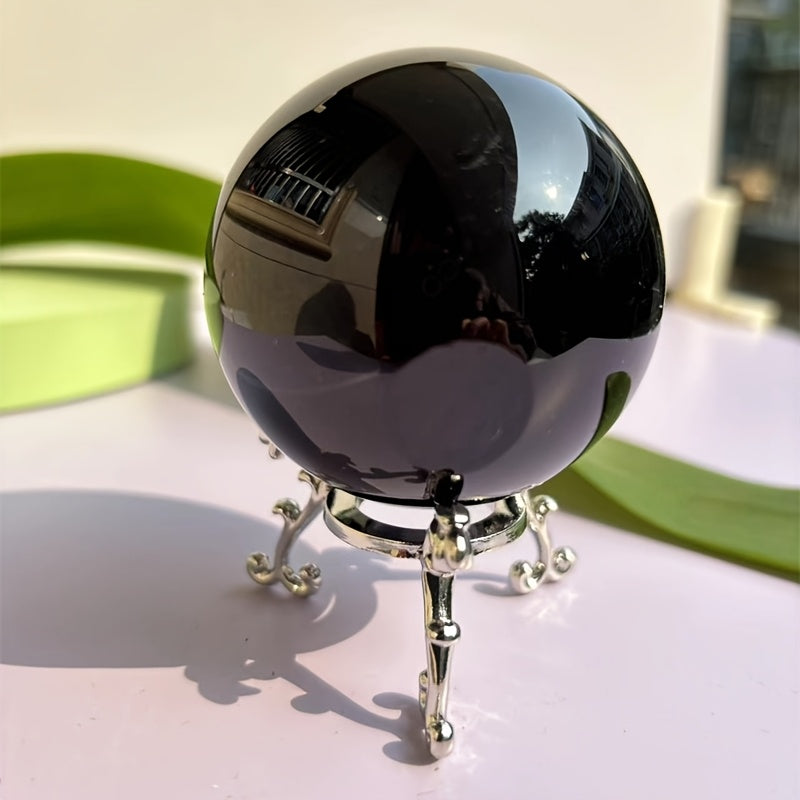 1pc 60mm Black Obsidian Glass Ball Ornament, with Silver Base, for Home Decor, Gift, Photography, Astrology, Feng Shui, Christmas, Halloween, Thanksgi