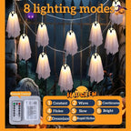 Halloween Ghost Decor - 10 LED Battery Operated Halloween Decorations Lights, 8 Modes Light Up Ghost Garland, LED String Lights Indoor Outdoor for Party, Haunted House, Fireplace, Porch, Window Decor
