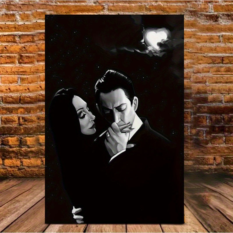 1pc Gomez & Morticia Addams Poster - Gothic Horror Decor - Addams Family Vampire Couple Canvas Art Print - Ready-to-Hang Wrapped Canvas Frame - for Go