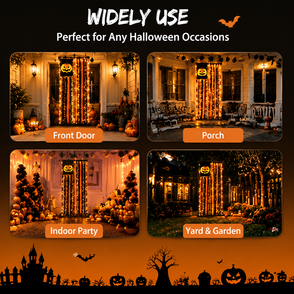 Halloween Pumpkin Ghost Bat Cotton Tassel Wall Banner - Vintage Fabric Hanging Decor For Window, Entryway & Party Display