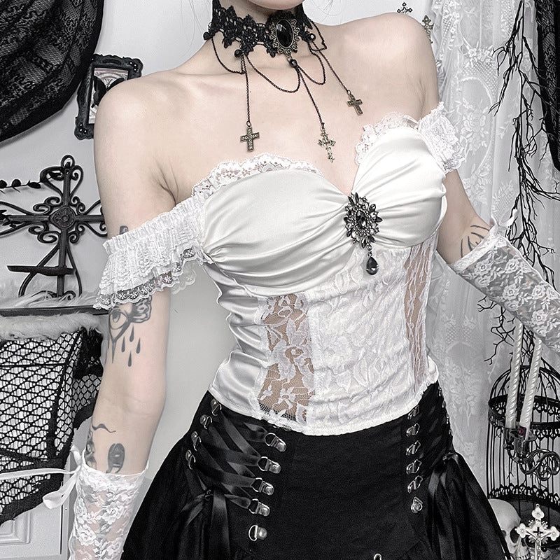 Ghost Bride Off Shoulder Gothic Top with Lace Accents