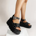 2024 Summer Gothic Punk Platform Sandals for Women - Spider Web Embroidery & Metallic Buckle Closure, 3.54inch Thick Sole, Open-Toe Synthetic Cover, E